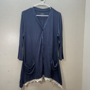 LOGO by Lori Goldstein Tunic Top Stretchy Lace Trim Button Up V Neck Women’s M